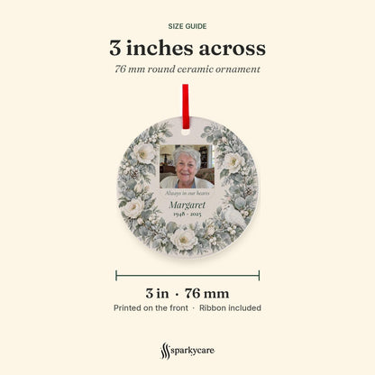 Size guide: the round ceramic memorial ornament is 3 inches, 76 mm, across, printed on the front, ribbon included