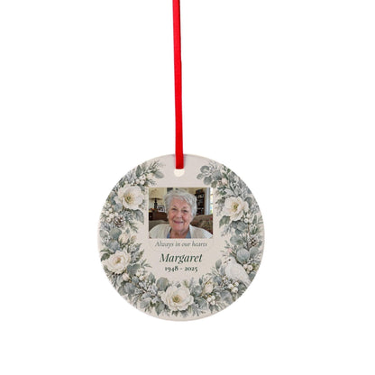 Ceramic ornament preview of the Memorial Photo Ornament on a plain background