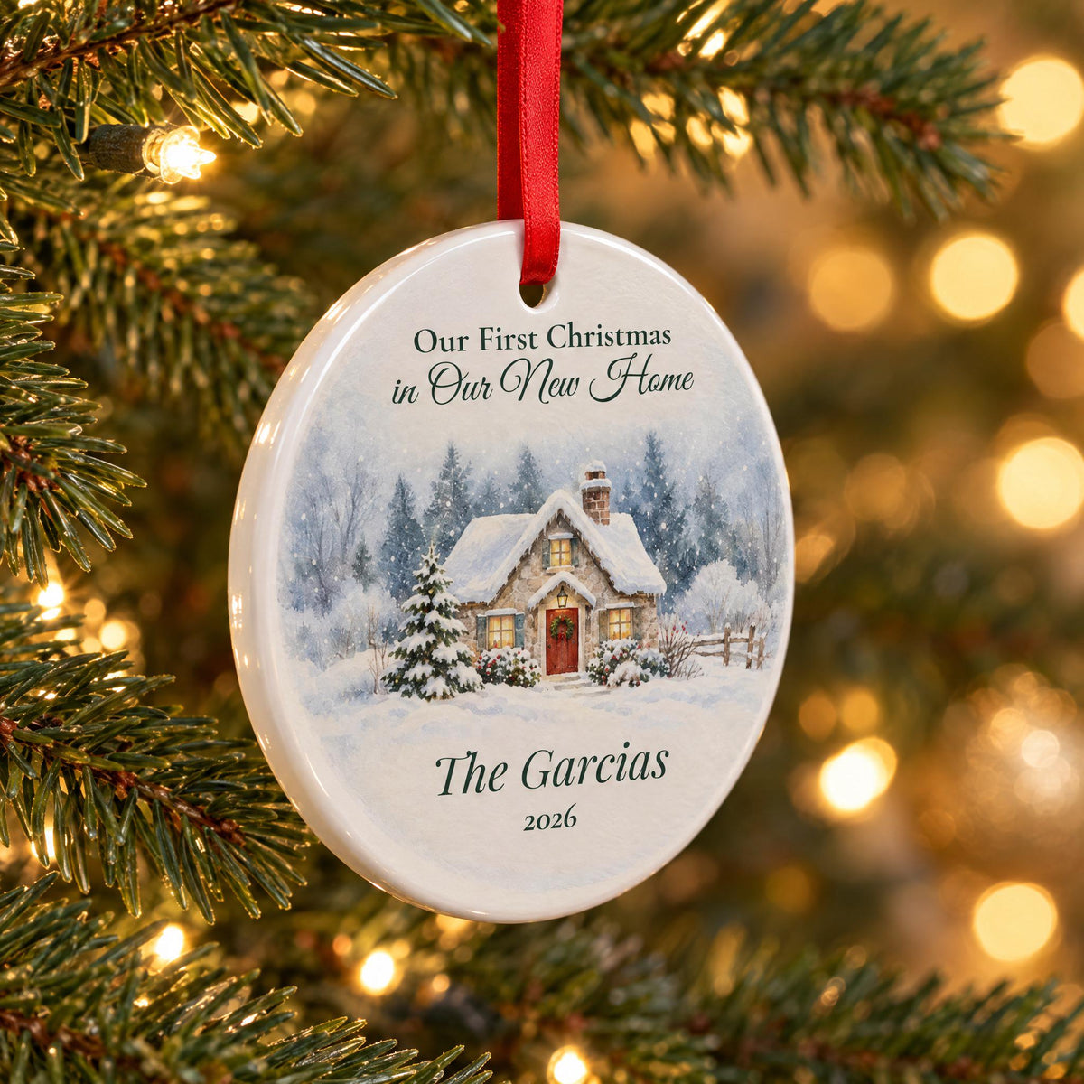 Close-up of the glossy white ceramic edge and red ribbon on the first Christmas in our new home ornament