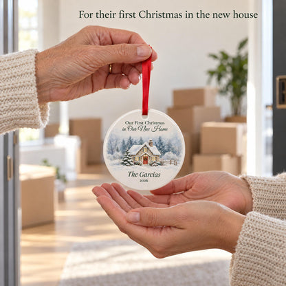 A parent giving a personalized new home ornament as a housewarming gift for a first Christmas in the new house