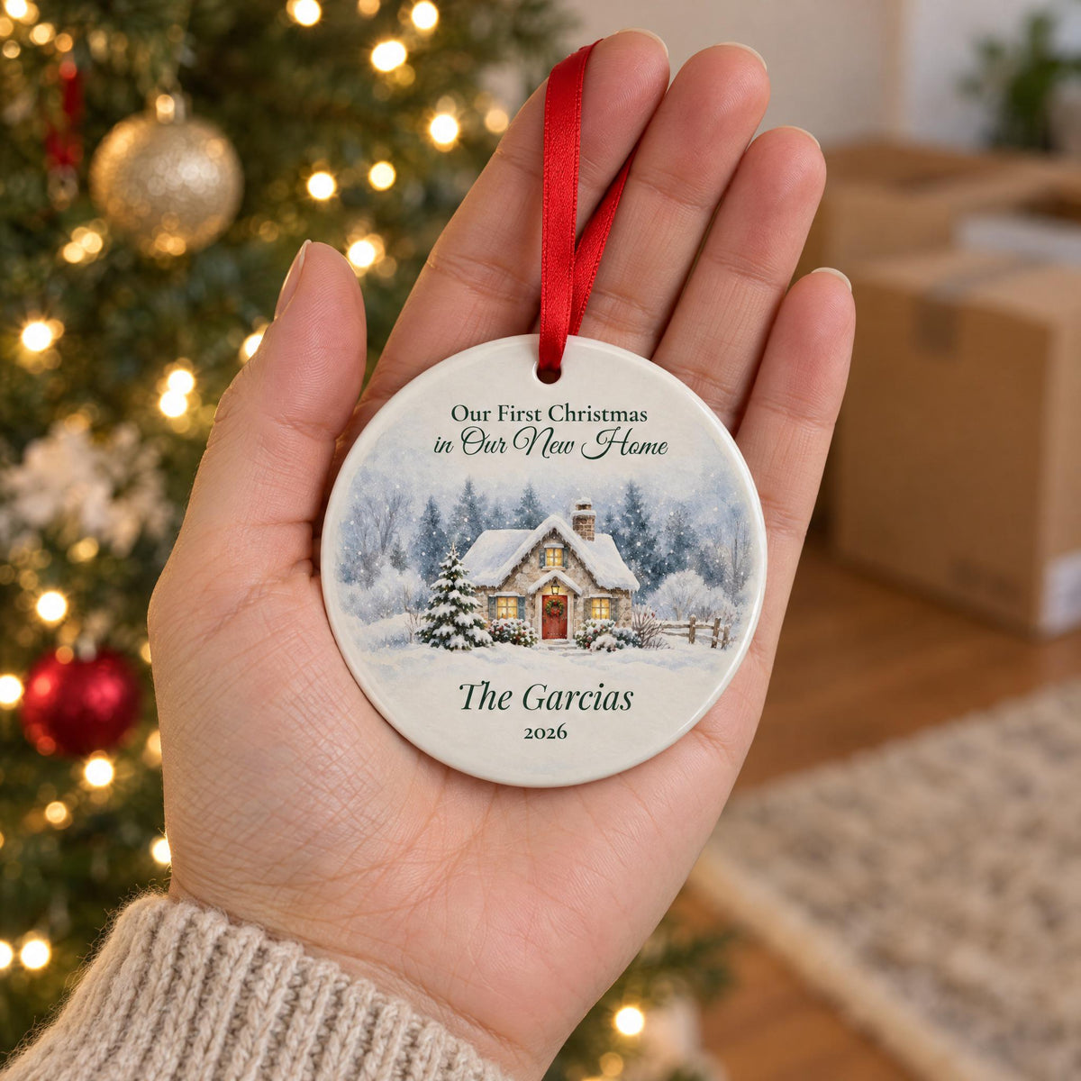 Palm-size new home ornament held in an open hand in front of a lit Christmas tree and moving boxes