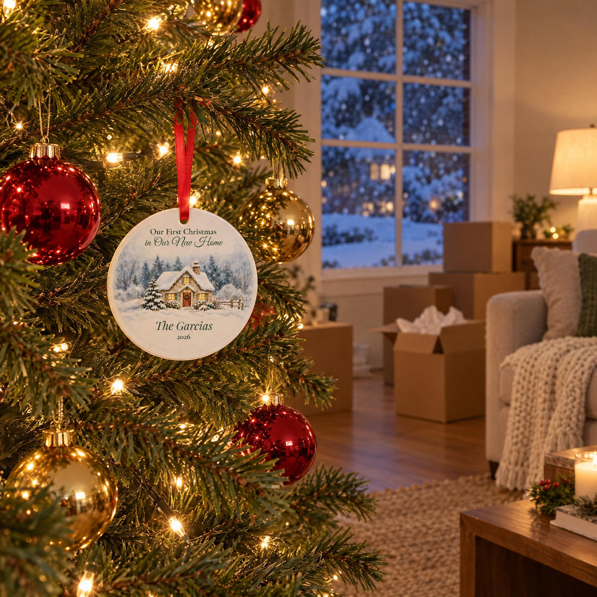 First Christmas in our new home ornament on a lit tree in a new living room with moving boxes and snow outside