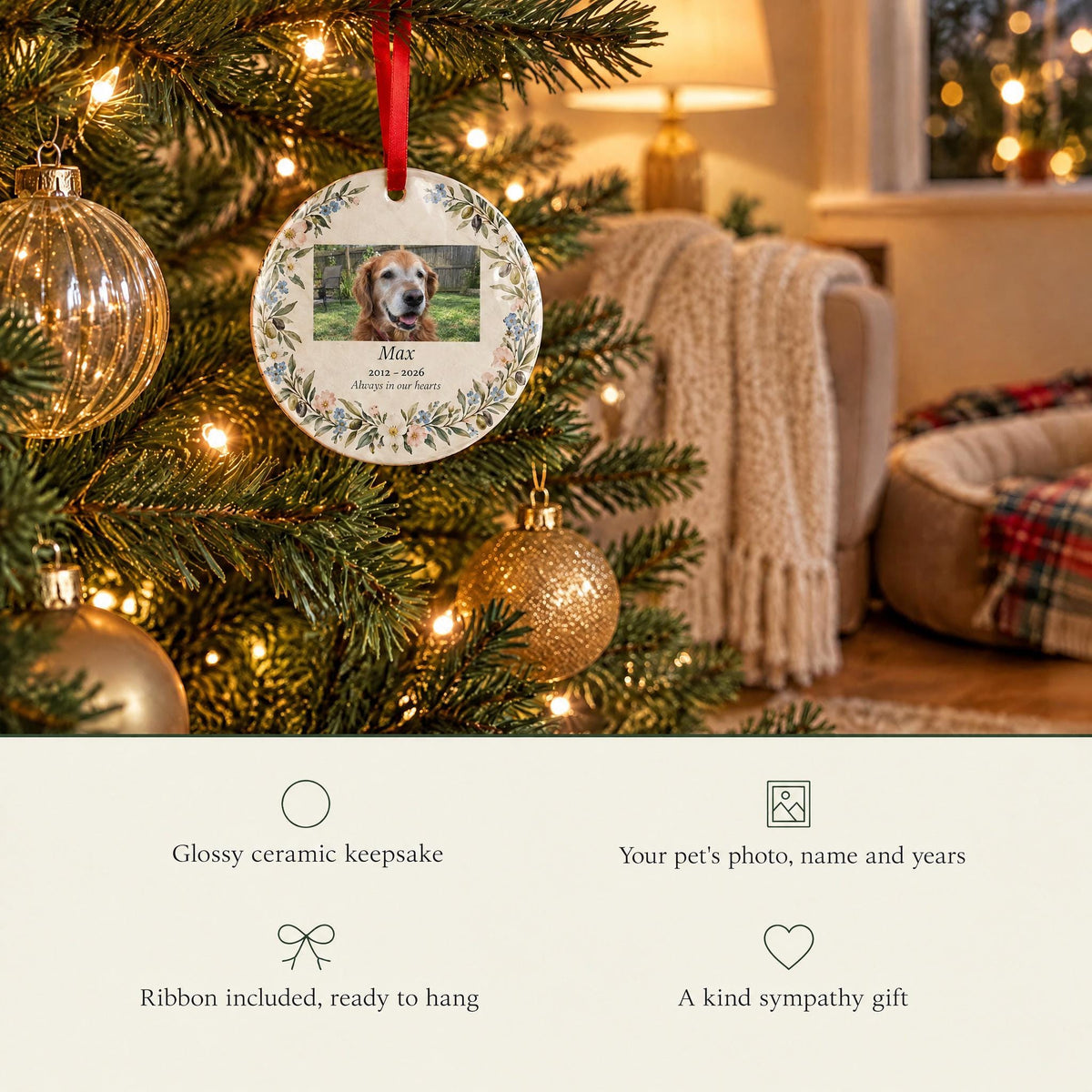 Glossy ceramic pet memorial ornament with your pet's photo, name and years, ribbon included, a kind sympathy gift