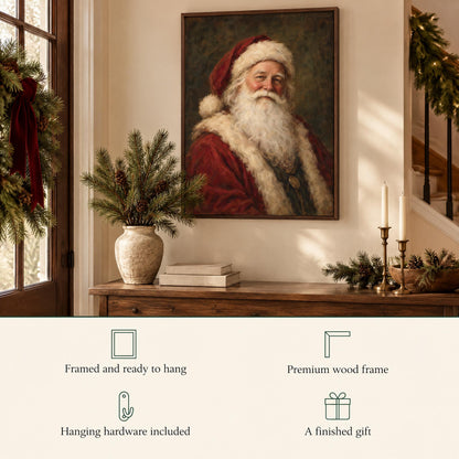 Santa print in an entryway: framed and ready to hang, premium wood frame, hanging hardware included, a finished gift