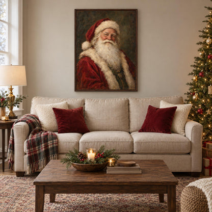 Large framed Santa print above a three-seat linen sofa in a Christmas living room, shown to scale