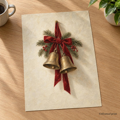 Unframed Christmas bells print lying flat on a wooden table, the paper print option without a frame
