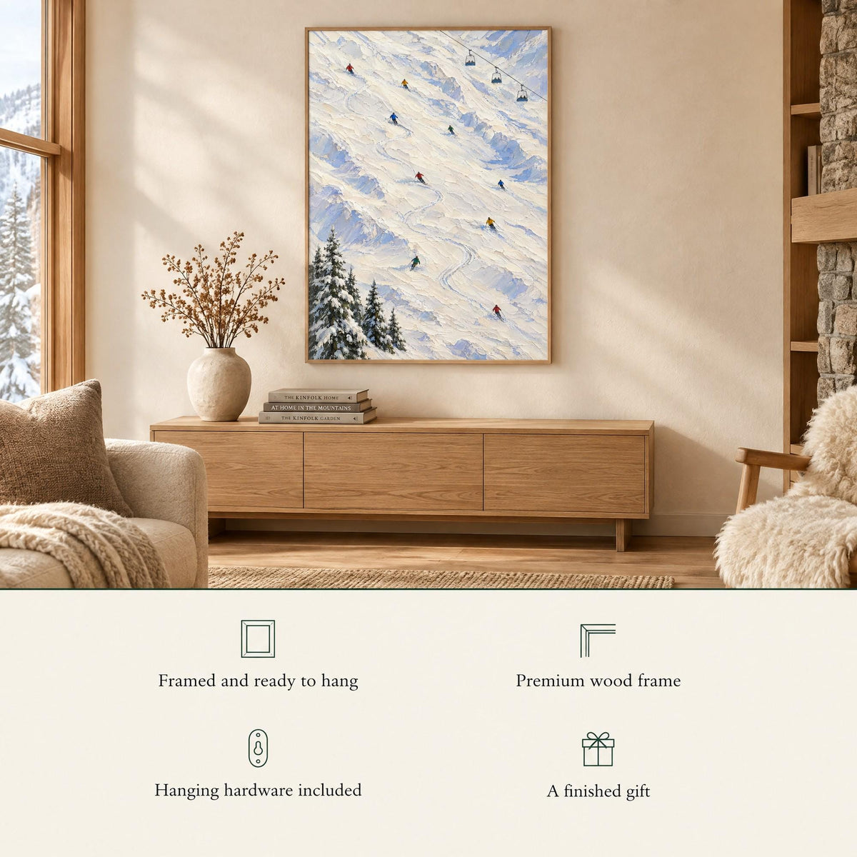 Framed ski print above a console: framed and ready to hang, premium wood frame, hardware included, a finished gift