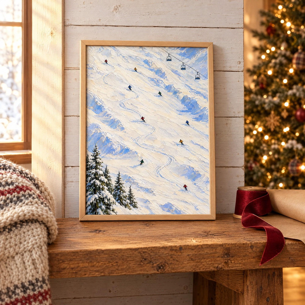 Framed ski art leaning on a cabin bench with kraft paper, red ribbon and a lit tree, a Christmas gift for a skier