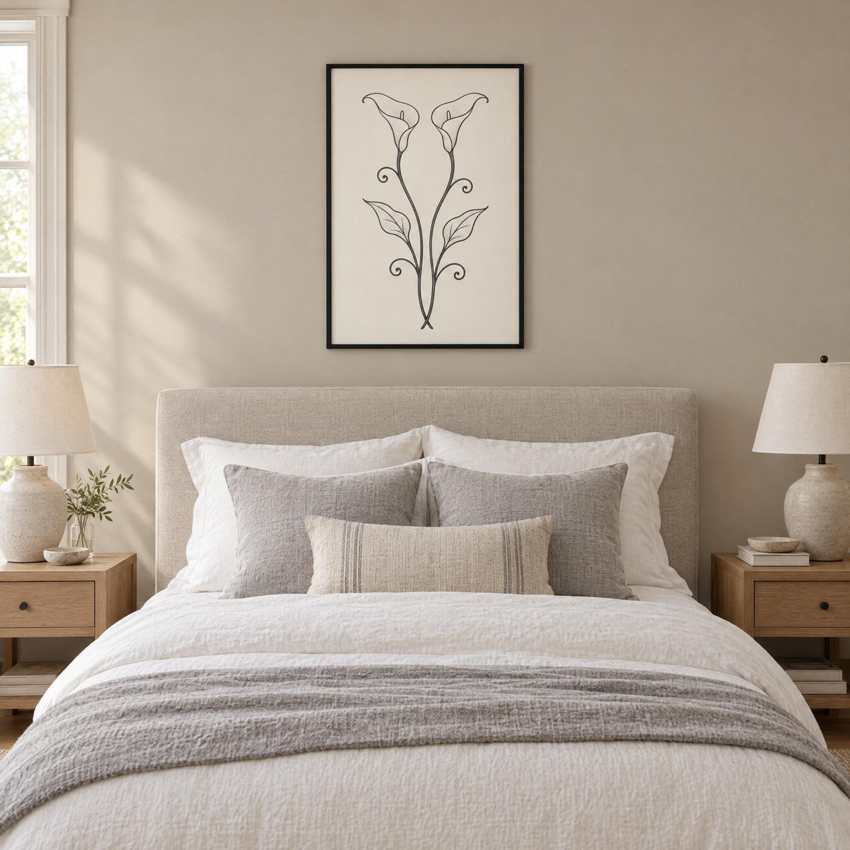 Black framed calla lily wall art above a queen bed in a calm bedroom, shown to scale