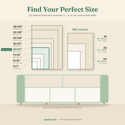 Size guide showing every print size against a three-seat sofa, with the most popular size highlighted