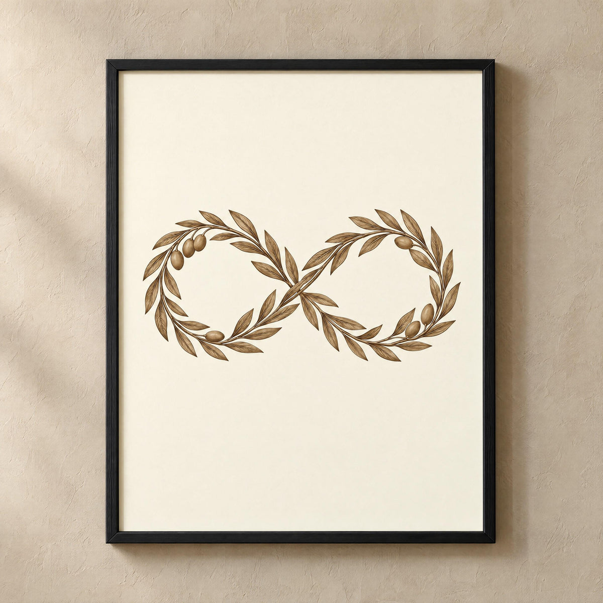 Olive branch infinity print in a black frame on a warm greige wall, bronze tones on ivory, a bronze anniversary gift