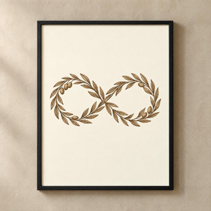 Olive branch infinity print in a black frame on a warm greige wall, bronze tones on ivory, a bronze anniversary gift