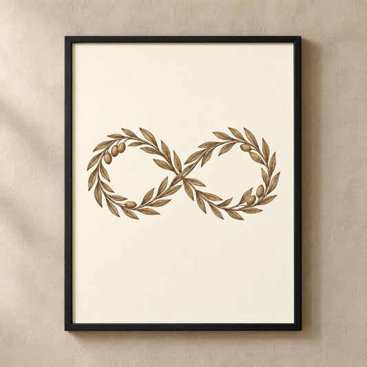 Olive branch infinity print in a black frame on a warm greige wall, bronze tones on ivory, a bronze anniversary gift