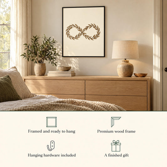 Olive print over an oak dresser: framed and ready to hang, premium wood frame, hanging hardware included, a finished gift