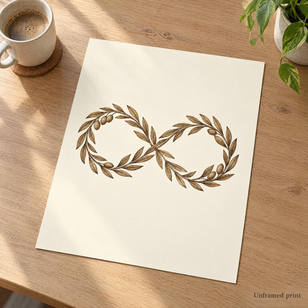 Unframed olive branch infinity art print lying flat on an oak desk, shown without a frame
