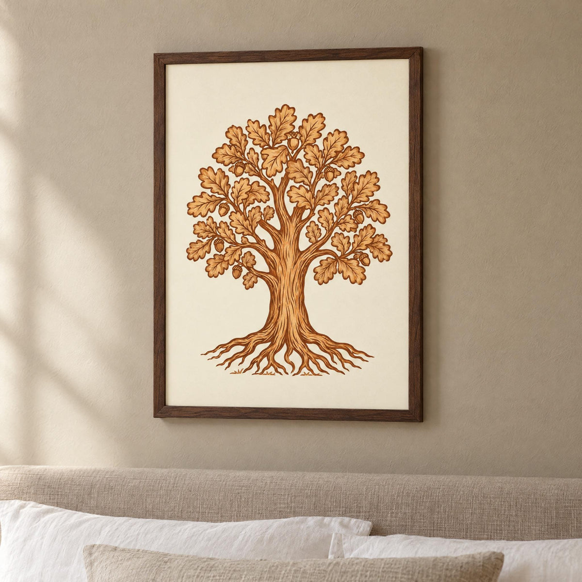 Oak tree wall art in a dark wood frame above a bed, oak and roots in warm leather tones on ivory, a 3rd anniversary gift