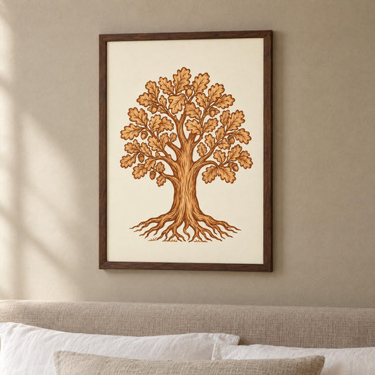 Oak tree wall art in a dark wood frame above a bed, oak and roots in warm leather tones on ivory, a 3rd anniversary gift