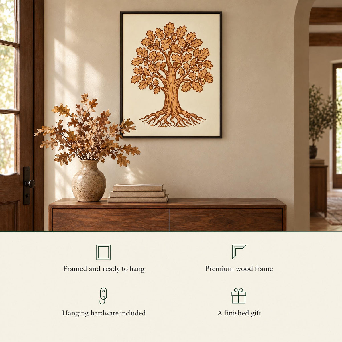Oak print over a walnut console: framed and ready to hang, premium wood frame, hanging hardware included, a finished gift