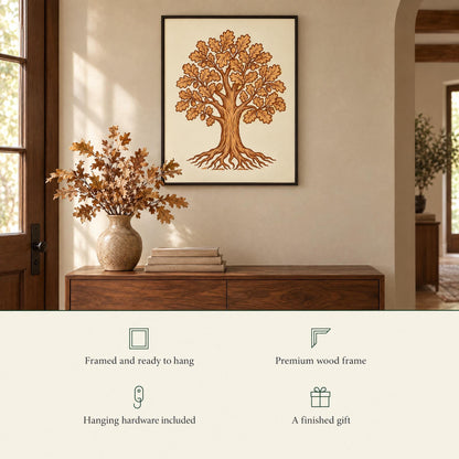 Oak print over a walnut console: framed and ready to hang, premium wood frame, hanging hardware included, a finished gift