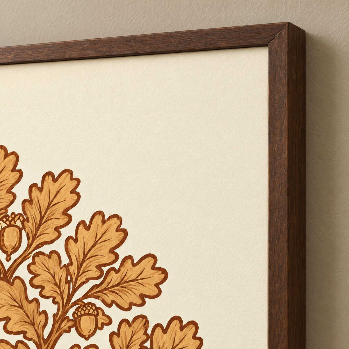 Close-up of the dark wood frame corner and oak leaves with acorns, printed on soft ivory matte paper
