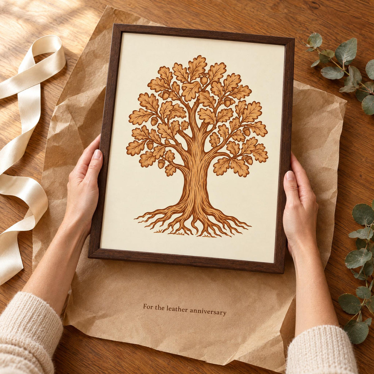 Hands holding the framed oak tree print over kraft paper and ribbon, captioned For the leather anniversary