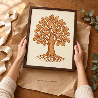 Hands holding the framed oak tree print over kraft paper and ribbon, captioned For the leather anniversary