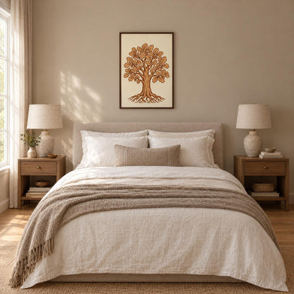 Dark wood framed oak tree wall art at 20x28 inches above a queen bed in a calm neutral bedroom, shown to scale
