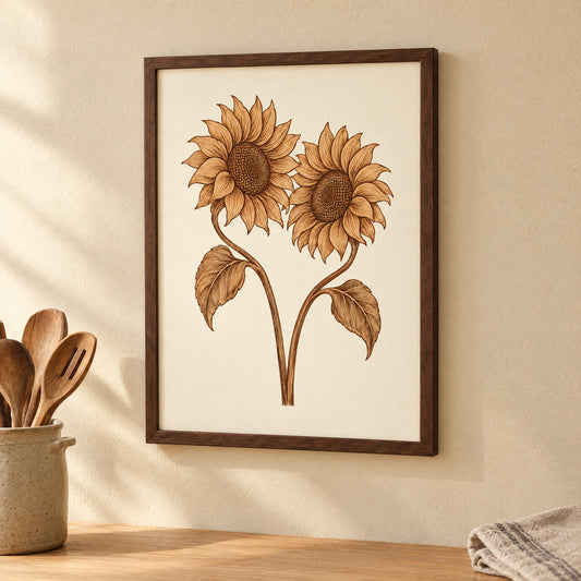 Sunflower wall art in a dark wood frame above a kitchen counter, two sunflowers in warm leather tones on ivory