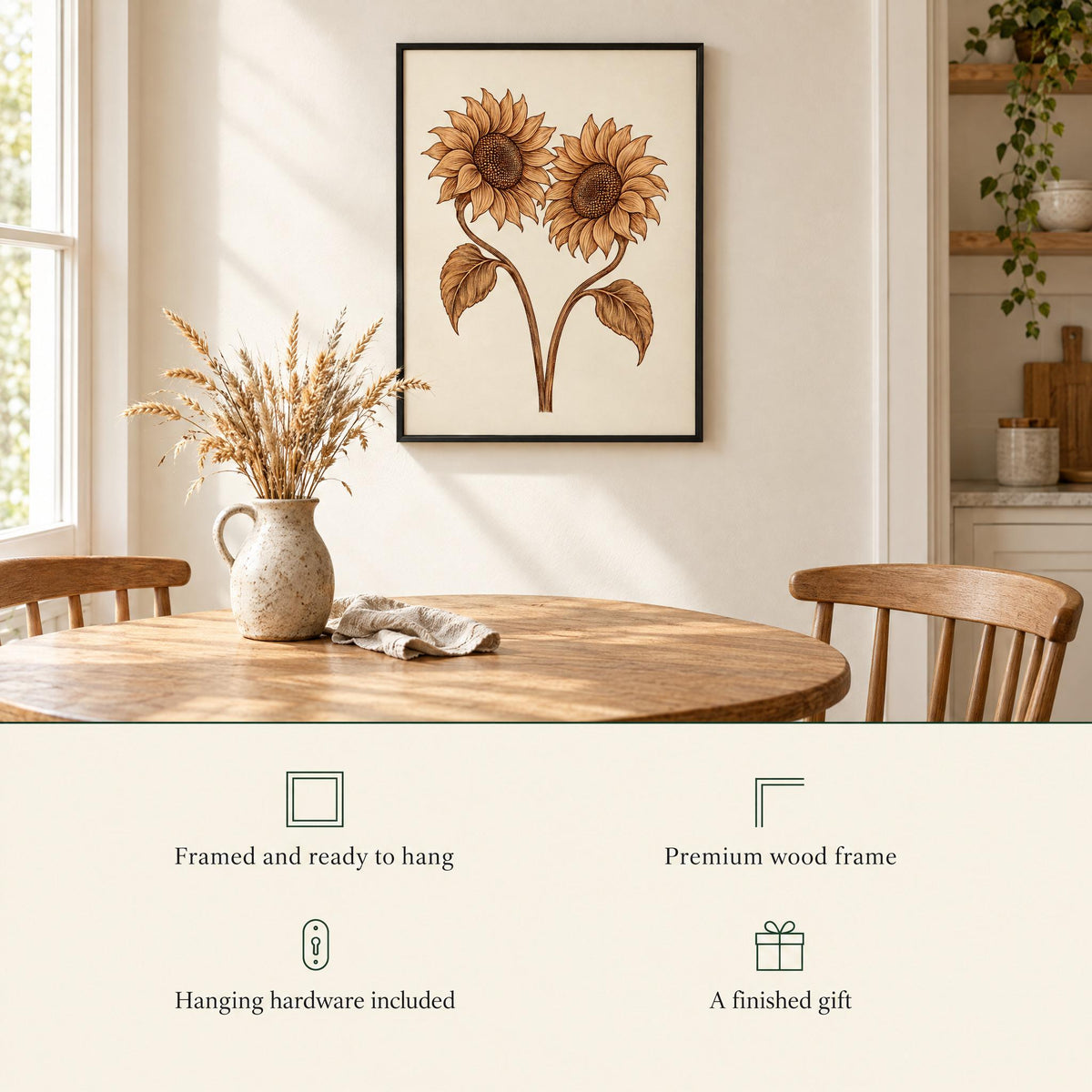 Sunflower print in a breakfast nook: framed and ready to hang, premium wood frame, hanging hardware included, a finished gift