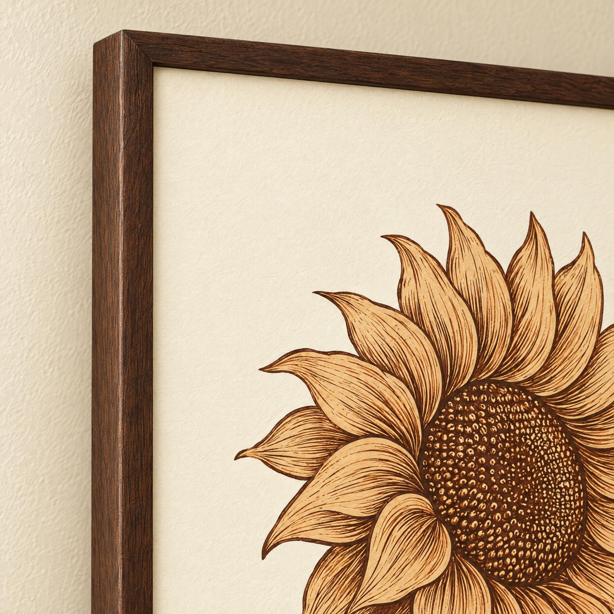 Close-up of the dark wood frame corner and a sunflower with carved petals and dotted seeds on soft ivory matte paper