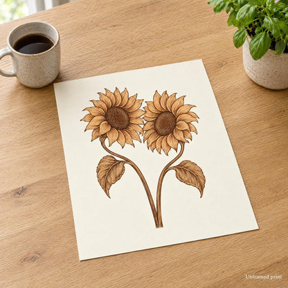 Unframed sunflower print in leather tones lying flat on an oak table, shown without a frame