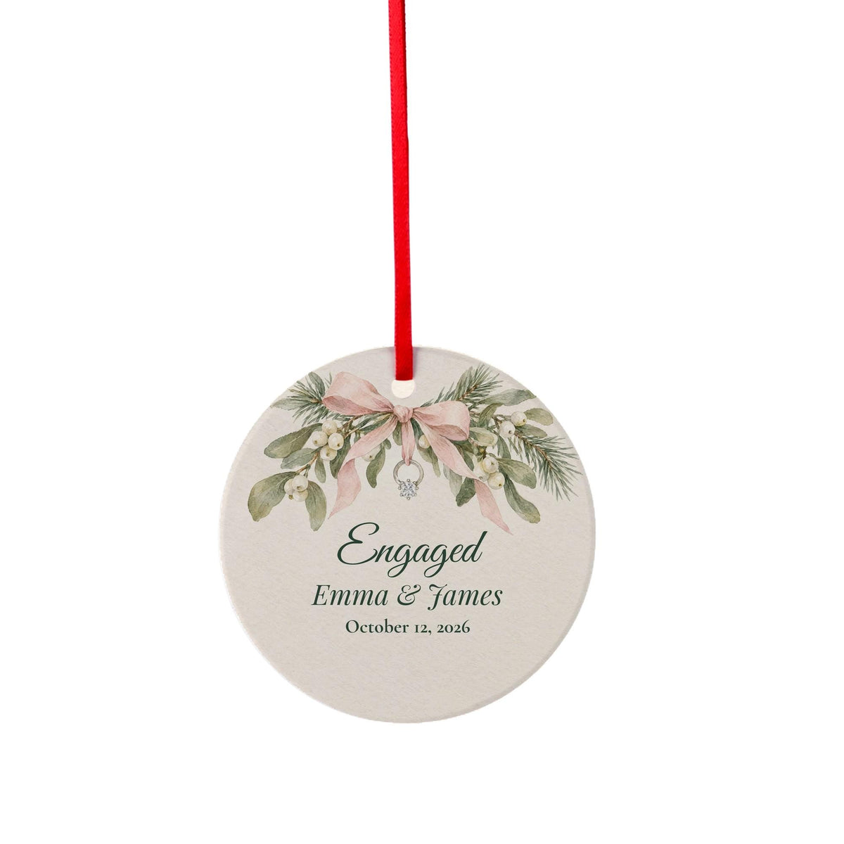 Ceramic ornament preview of the Engagement Ornament on a plain background