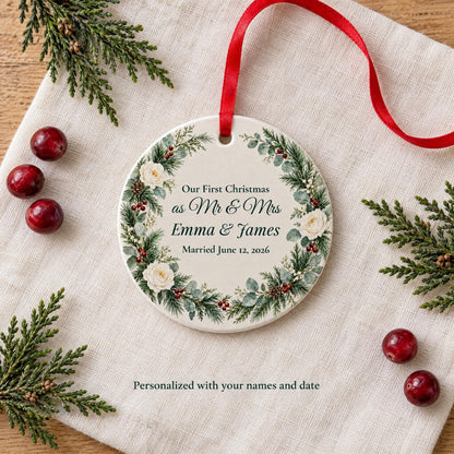Personalized first Christmas ornament with names and wedding date on linen with cedar and cranberries