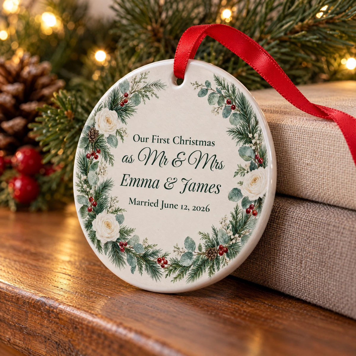Close-up of the glossy white ceramic edge, red ribbon and printed watercolor wreath on the newlywed ornament