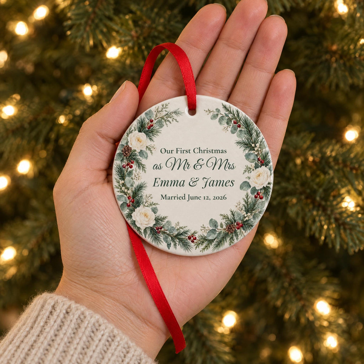 Palm-size Mr and Mrs keepsake ornament held in an open hand in front of a lit Christmas tree