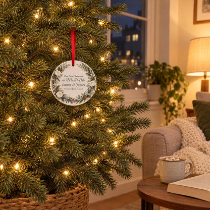 Our first Christmas ornament hanging on a small lit tree in a cozy newlywed apartment living room