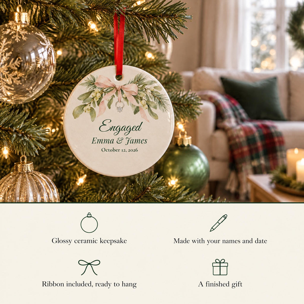 Engaged ceramic ornament with a watercolor mistletoe sprig and ring, made with your names and date, ribbon included