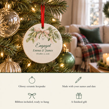 Engaged ceramic ornament with a watercolor mistletoe sprig and ring, made with your names and date, ribbon included