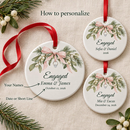 How to personalize the engagement ornament: your names and a date or short line, with example name layouts
