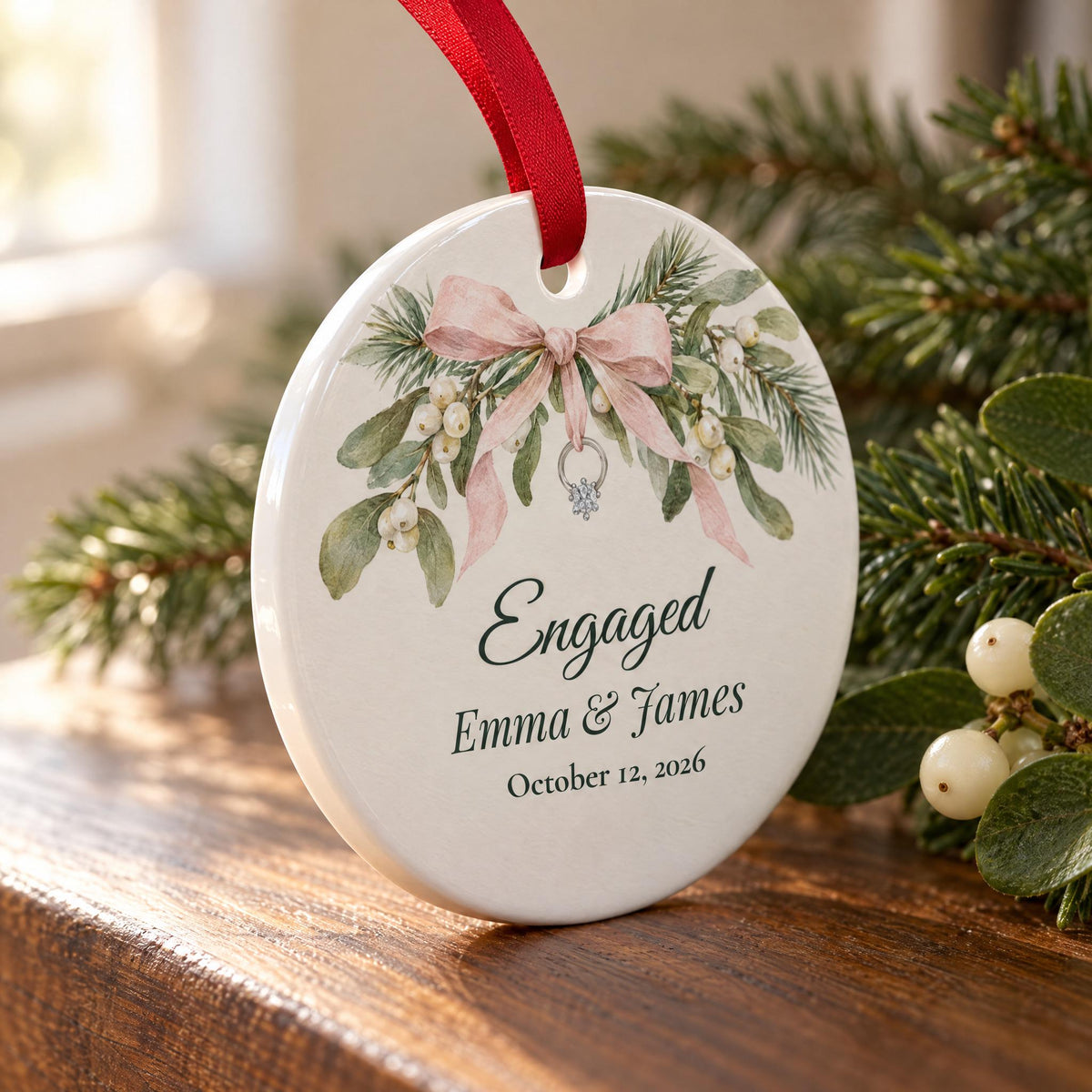 Close-up of the glossy white ceramic edge, red ribbon and printed mistletoe and ring on the engaged ornament
