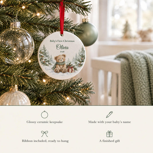 Glossy ceramic baby's first Christmas ornament made with your baby's name, ribbon included, ready to hang