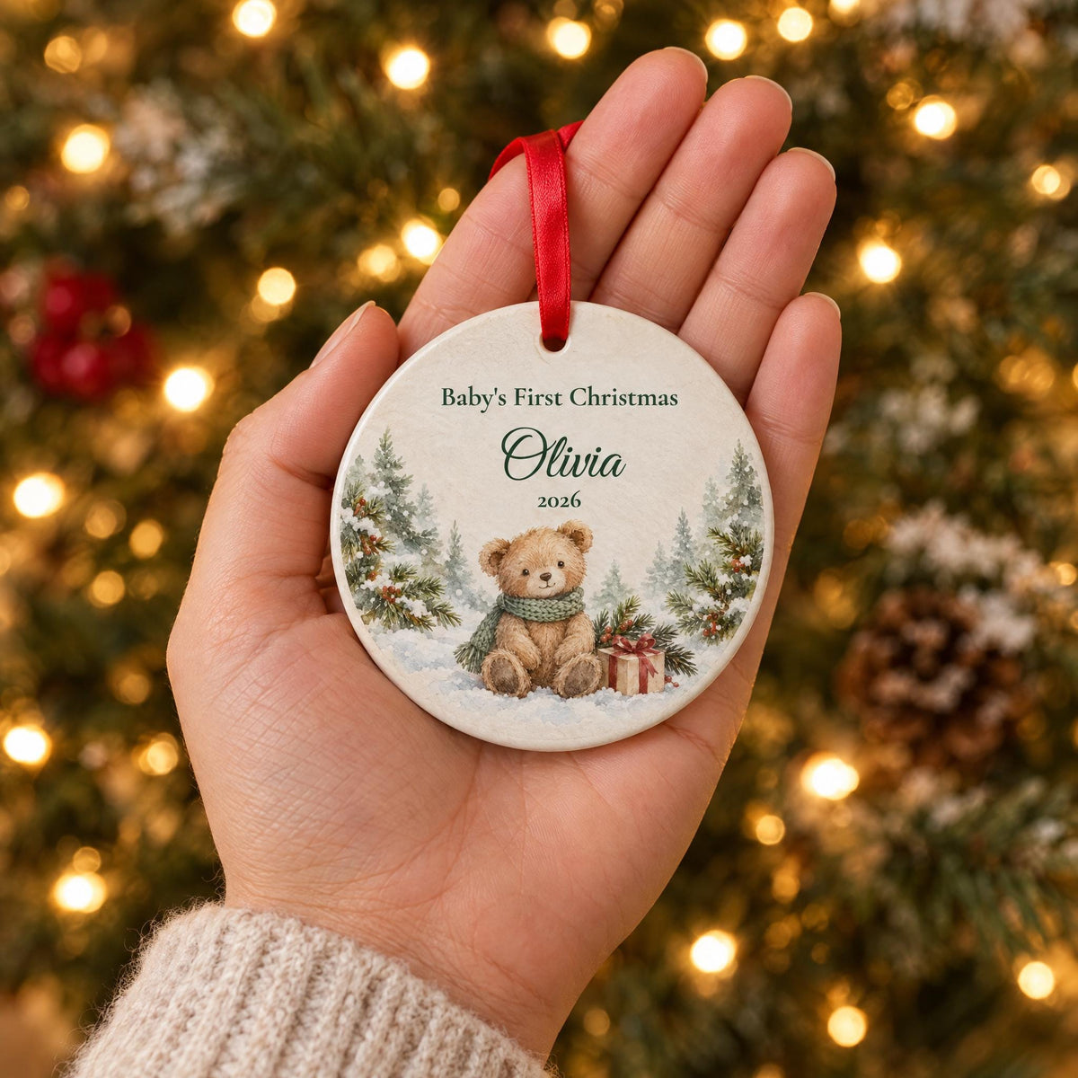 Palm-size teddy bear baby ornament held in an open hand in front of a lit Christmas tree