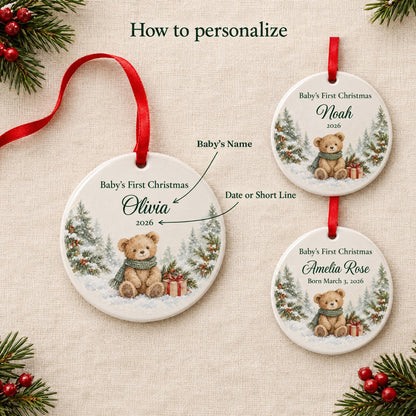 How to personalize the baby ornament: your baby's name and the year or birth date, with example name layouts