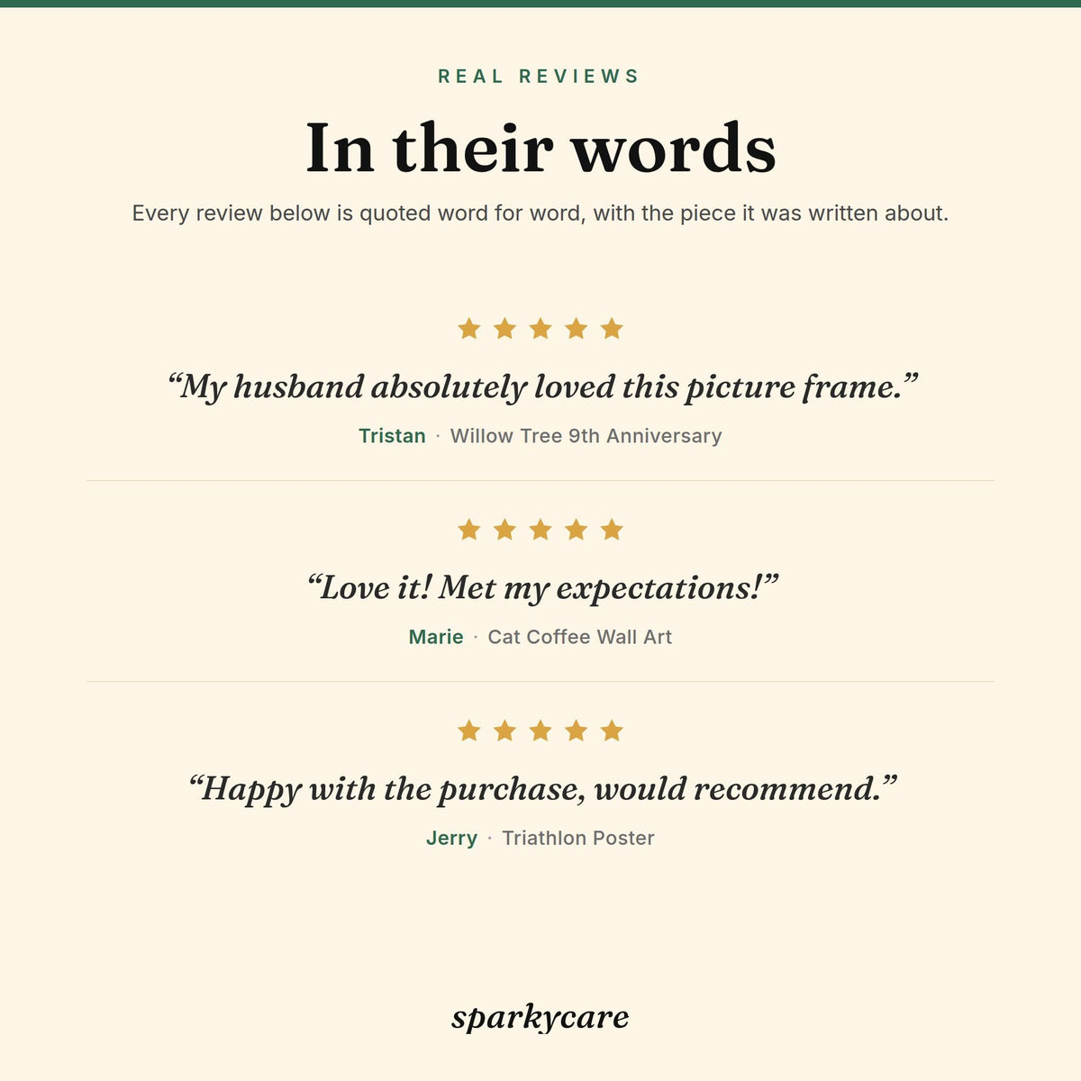 Real five-star Sparkycare reviews, quoted word for word: Tristan, Marie and Jerry on their pieces.