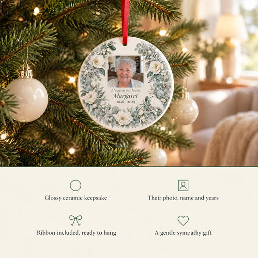 Glossy ceramic memorial ornament with their photo, name and years, ribbon included, a gentle sympathy gift