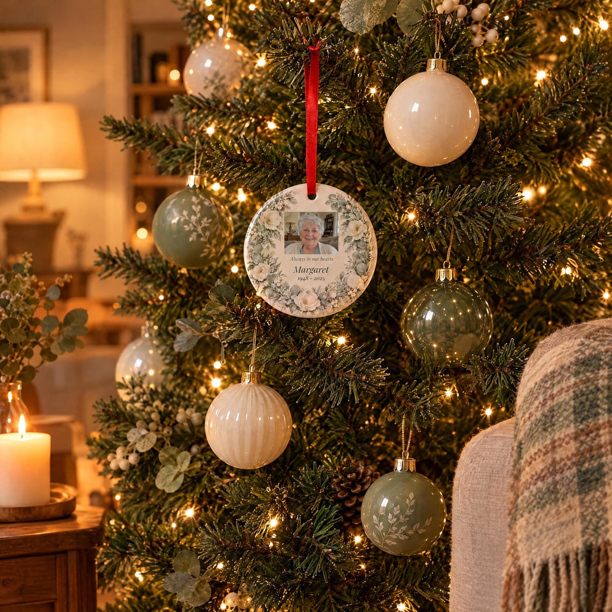 Memorial photo ornament hanging on a lit Christmas tree in a cozy family living room