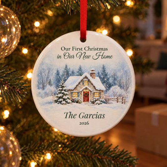 New home ornament with a watercolor snowy cottage, a family name and 2026, on a lit Christmas tree