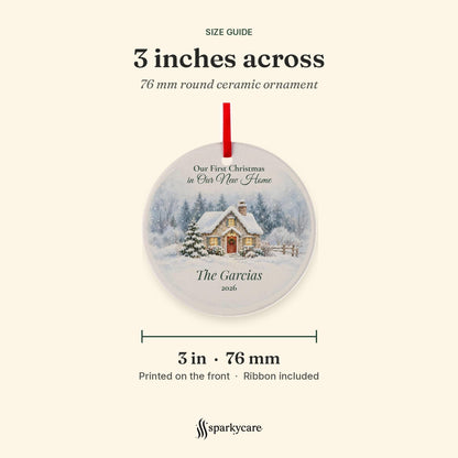 Size guide: the round ceramic new home ornament is 3 inches, 76 mm, across, printed on the front, ribbon included