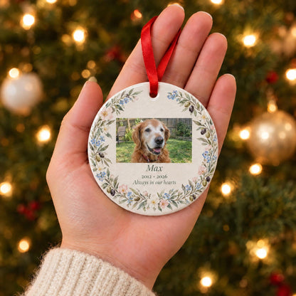 Palm-size pet photo ornament held in an open hand in front of a lit Christmas tree