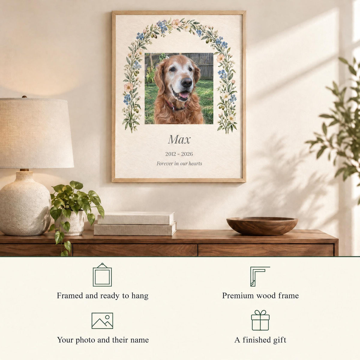 Framed pet memorial print above a console, with a wood frame, ready to hang, made with your photo and their name